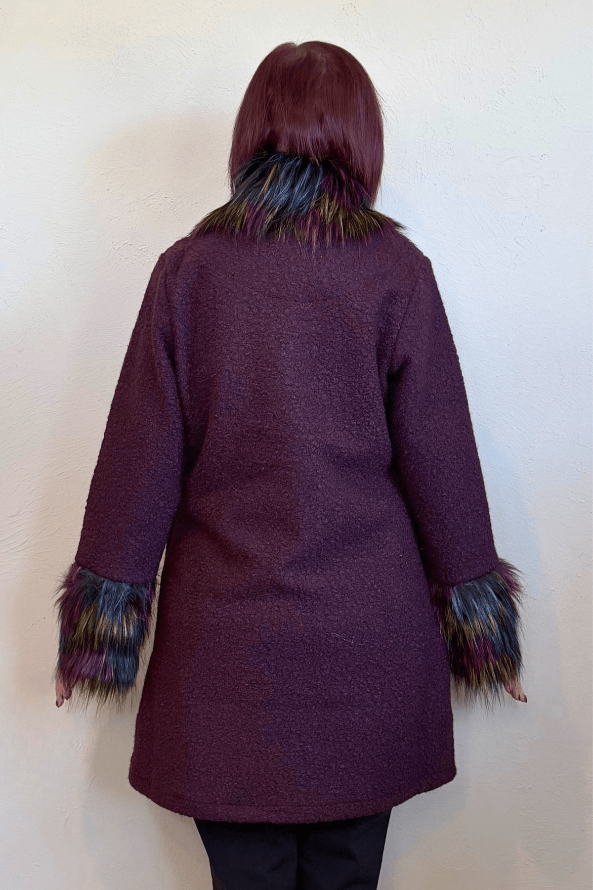 Isle by Melis Kozan 15965 Milan Jacket in deep plum with colorful faux-fur collar and cuffs