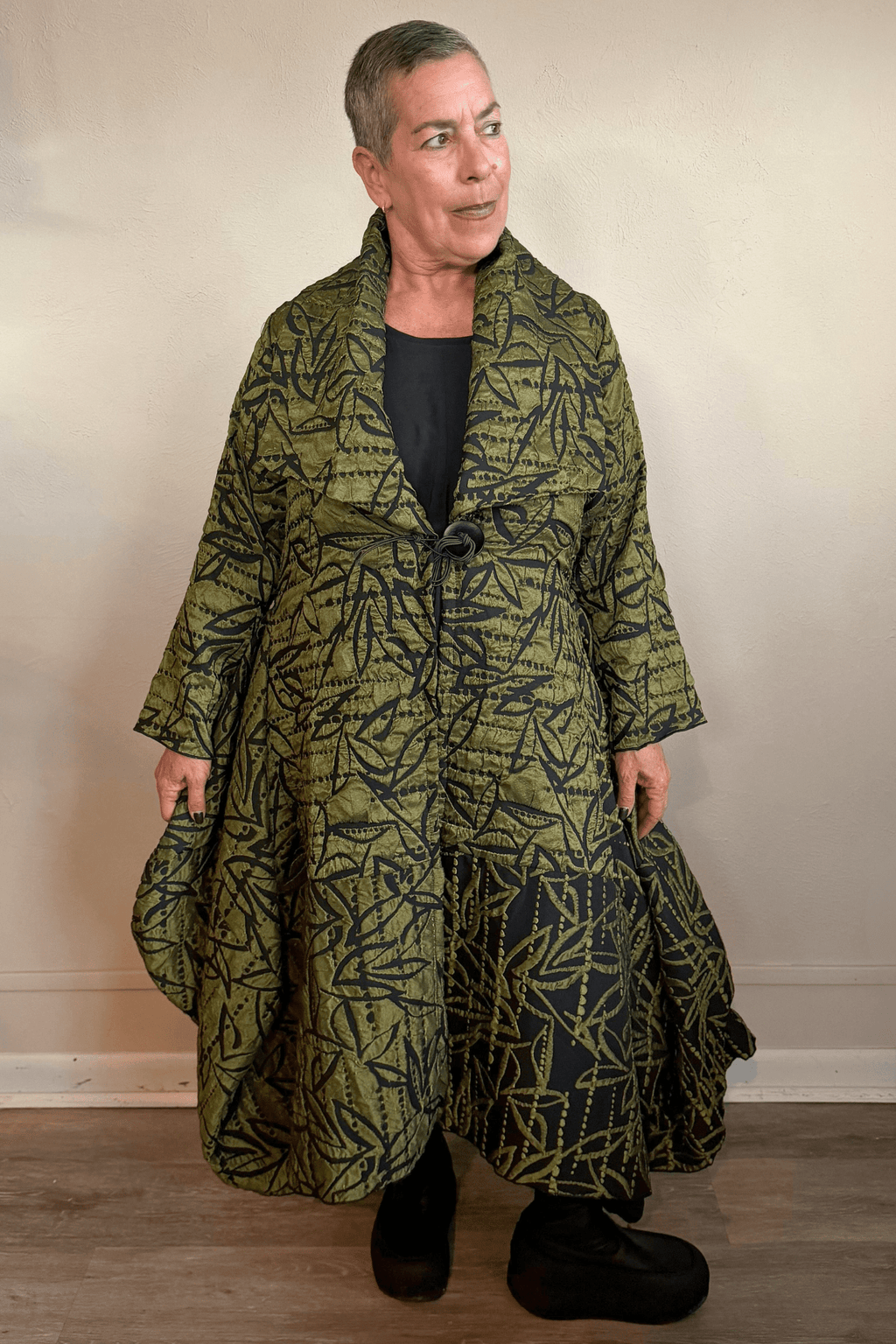 Heydari NOJCEE Jacket in olive green and black botanical print, front and back views