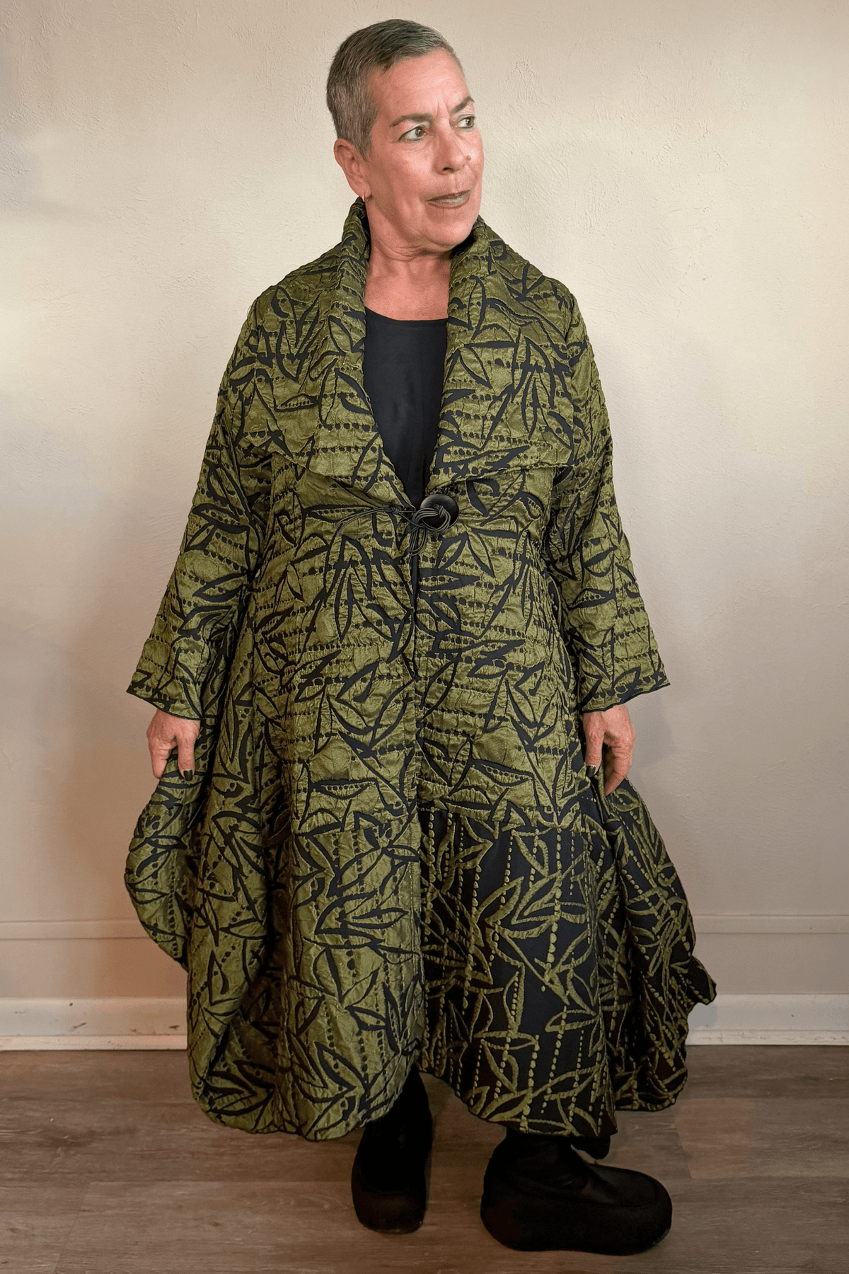 Heydari NOJCEE Jacket in olive green and black botanical print, front and back views