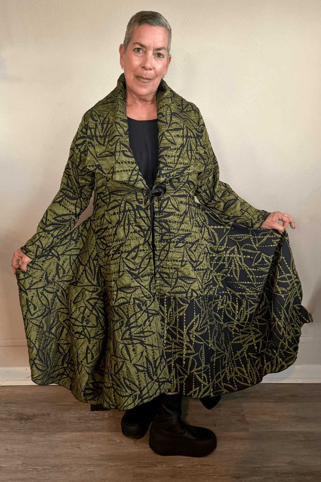Heydari NOJCEE Jacket in olive green and black botanical print, front and back views