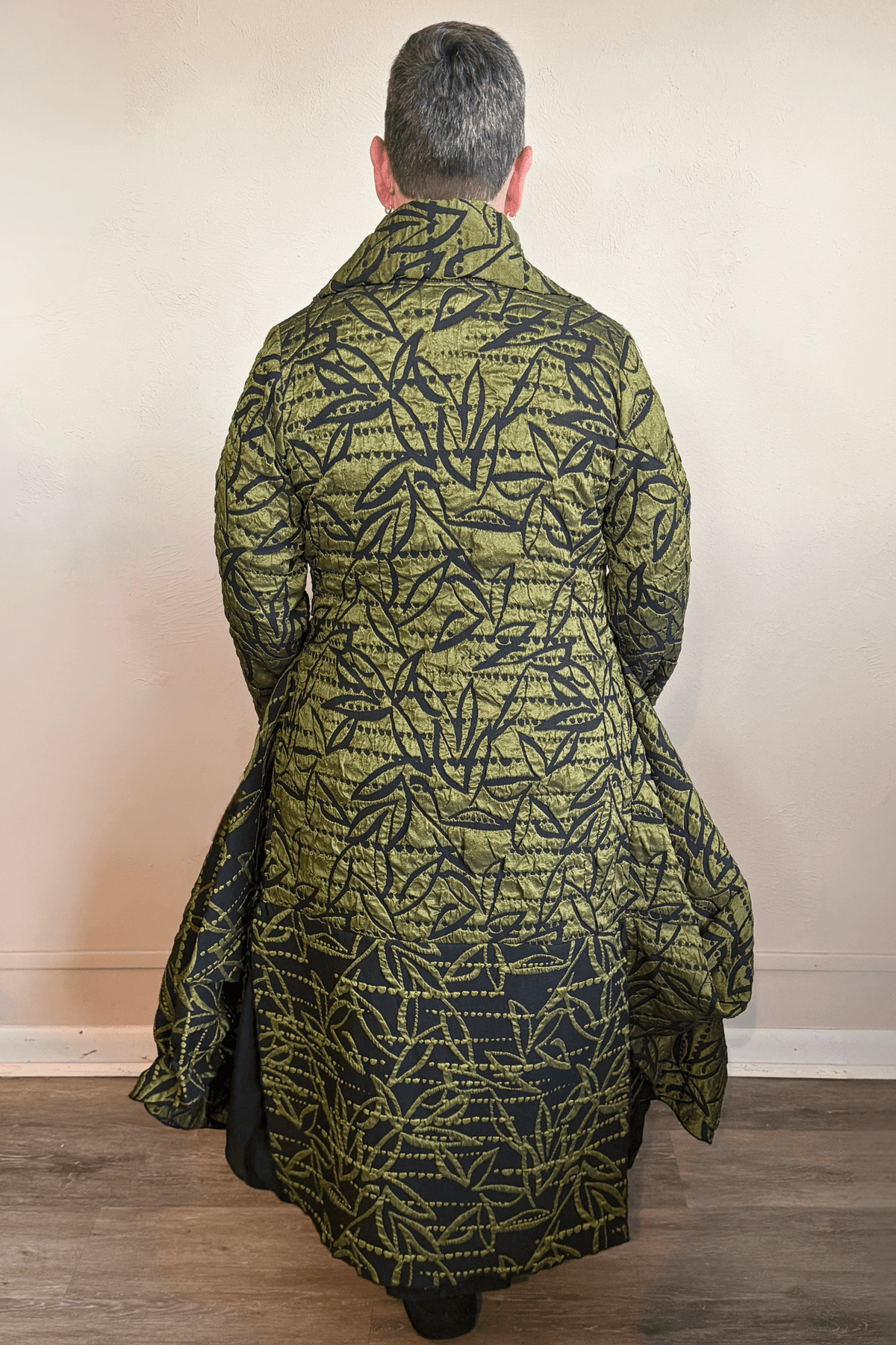 Heydari NOJCEE Jacket in olive green and black botanical print, front and back views