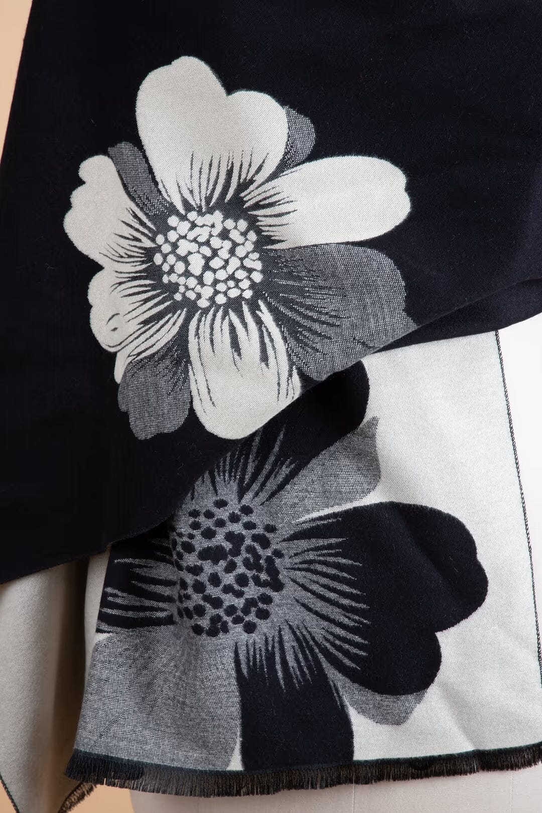 Saachi Fresh Floral Reversible Scarf in black ivory and gray with oversized floral design