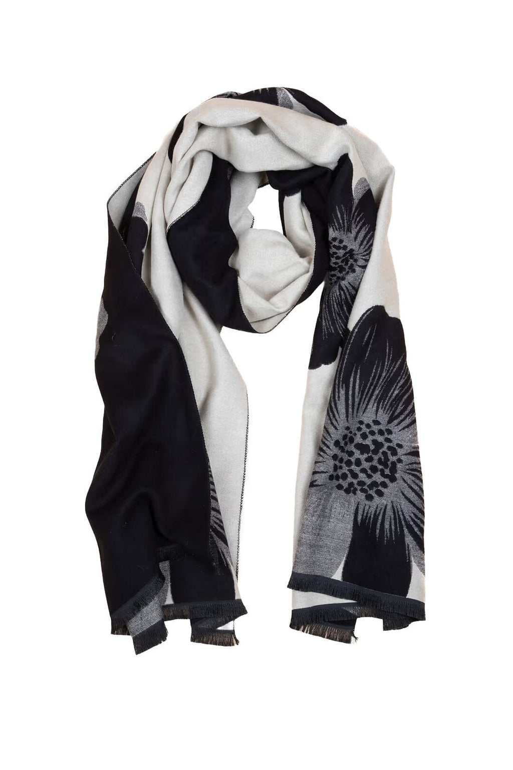 Saachi Fresh Floral Reversible Scarf in black ivory and gray with oversized floral design