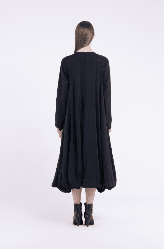 Sanctamuerte S403 Dress in black with dramatic balloon hem, front, side and back views