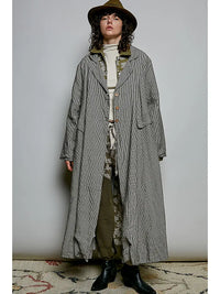 POL Clothing Soft Notch Collared striped maxi duster with pleated back and crossed button-tab detail