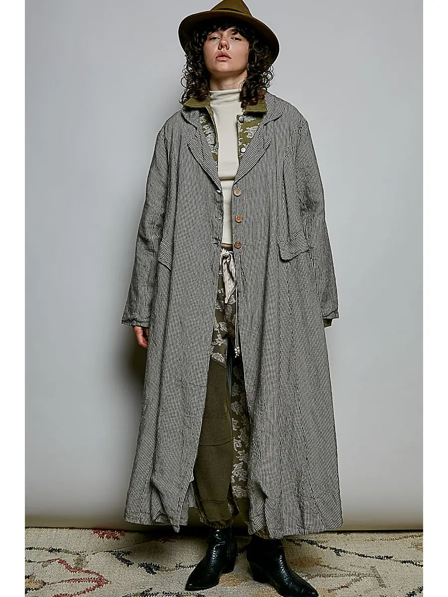 POL Clothing Soft Notch Collared striped maxi duster with pleated back and crossed button-tab detail