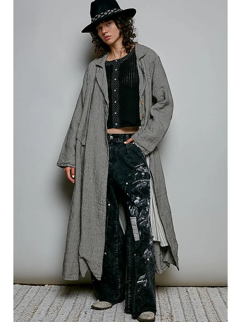 POL Clothing Soft Notch Collared striped maxi duster with pleated back and crossed button-tab detail