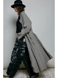 POL Clothing Soft Notch Collared striped maxi duster with pleated back and crossed button-tab detail
