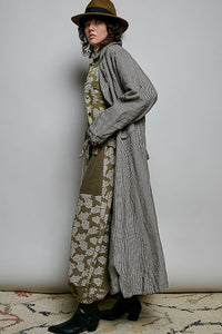 POL Clothing Soft Notch Collared striped maxi duster with pleated back and crossed button-tab detail