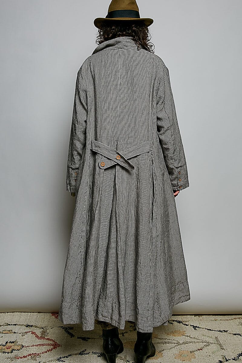 POL Clothing Soft Notch Collared striped maxi duster with pleated back and crossed button-tab detail