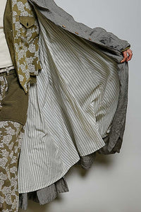 POL Clothing Soft Notch Collared striped maxi duster with pleated back and crossed button-tab detail