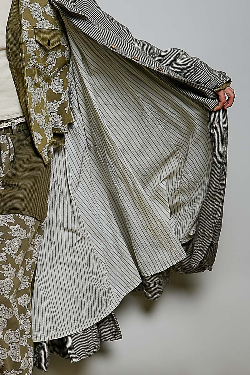 POL Clothing Soft Notch Collared striped maxi duster with pleated back and crossed button-tab detail