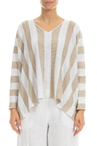 V-Neck Striped Natural Linen Sweater