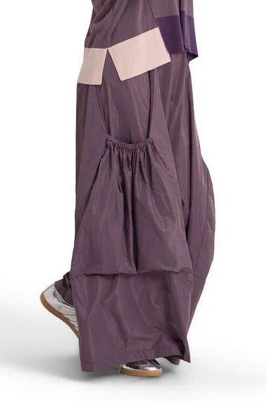 Planet 04N Big Pocket Pant in Turtle and Amethyst, with voluminous wide legs and oversized gathered pouch pockets