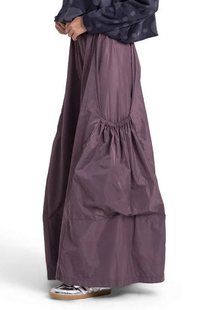 Planet 04N Big Pocket Pant in Turtle and Amethyst, with voluminous wide legs and oversized gathered pouch pockets