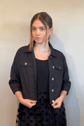 Kozan Amira Jacket in Jot Black, front, back and side details, styled with the Cinderella Dress