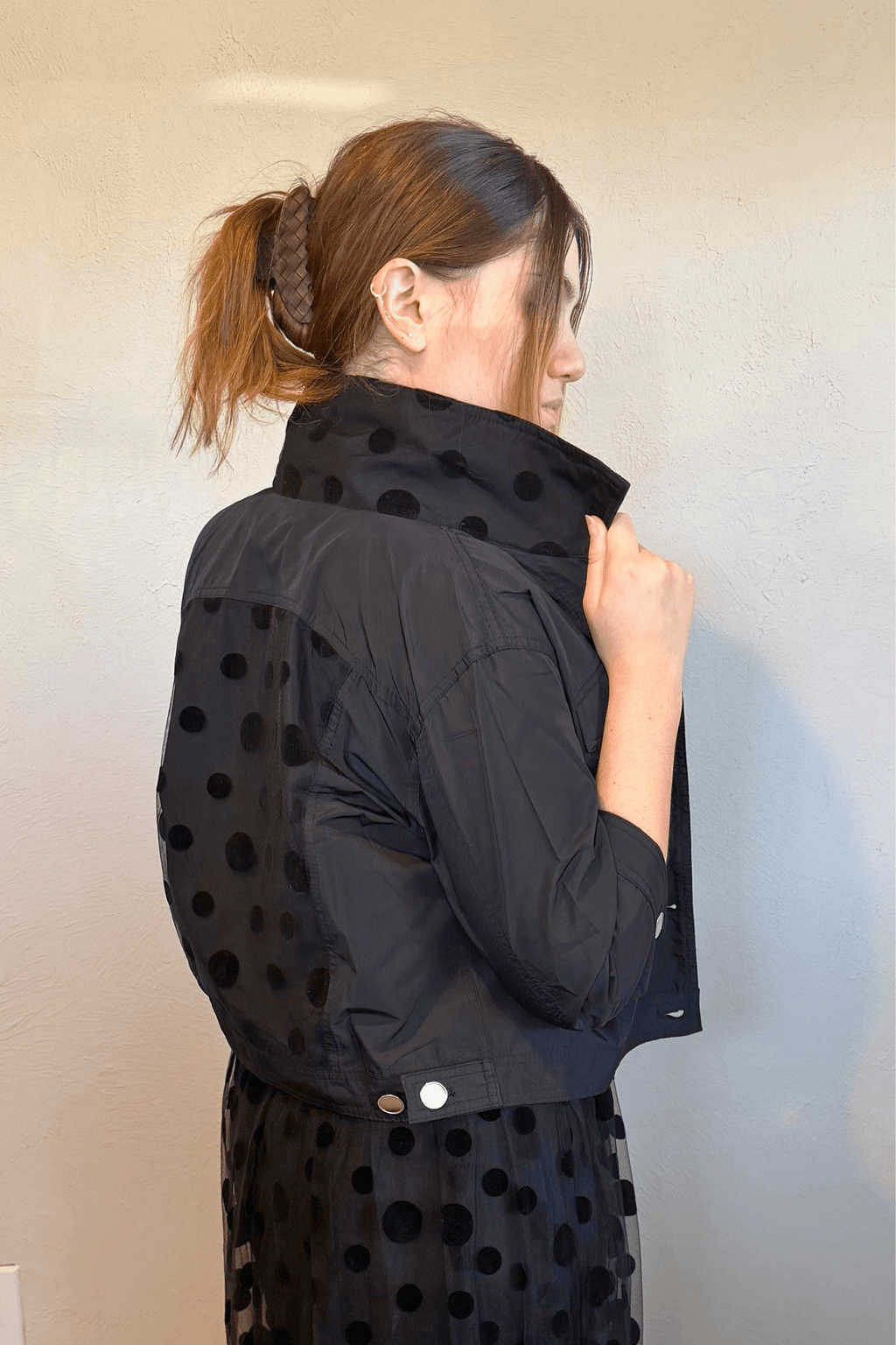 Kozan Amira Jacket in Jot Black, front, back and side details, styled with the Cinderella Dress