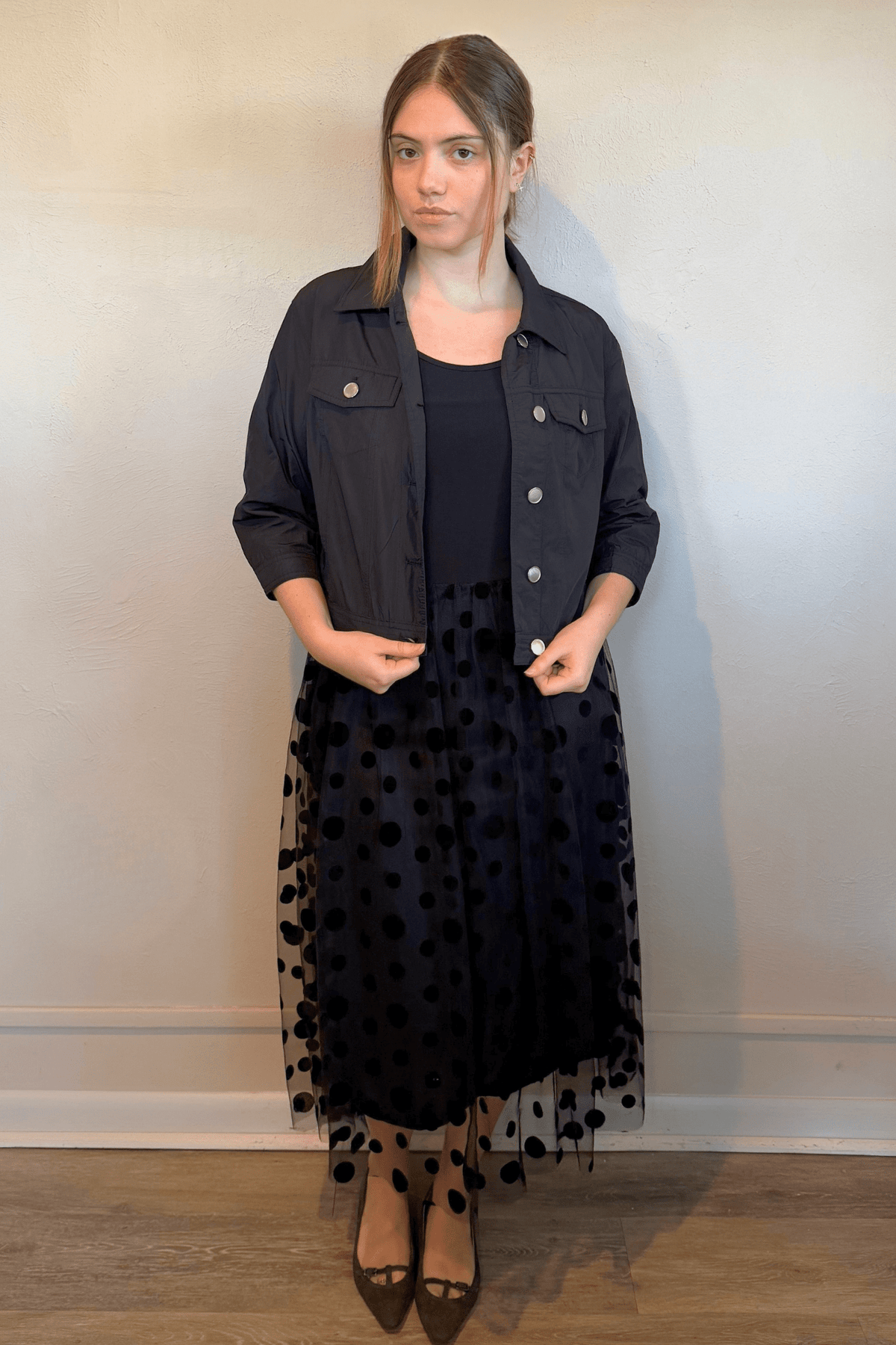 Kozan Cinderella Dress in Black, front and back views and styled with the matching Amira Jacket