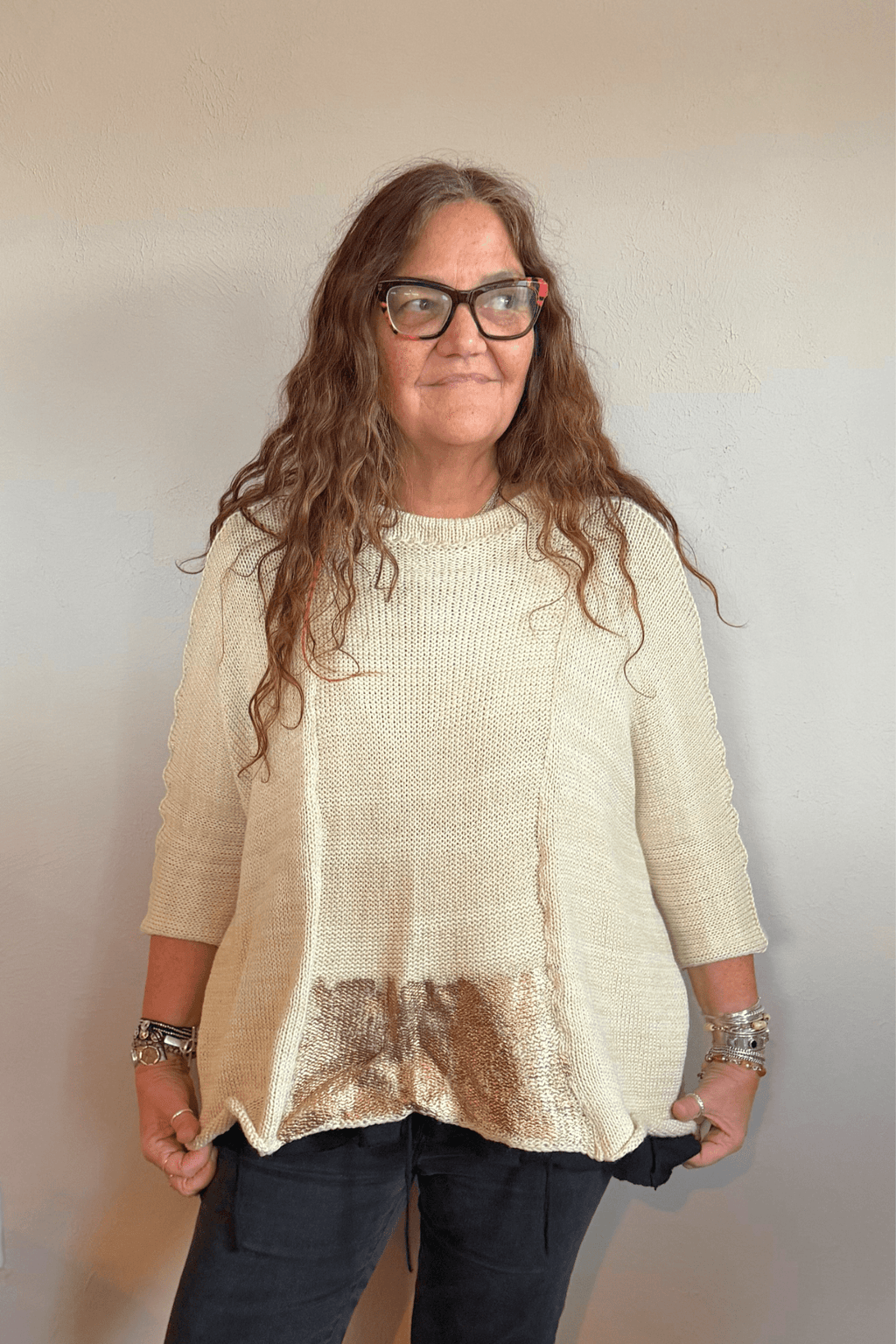 Paper Temples Barlow Pullover Oversize Sweater in cream with hand-painted gold tones, front and back views