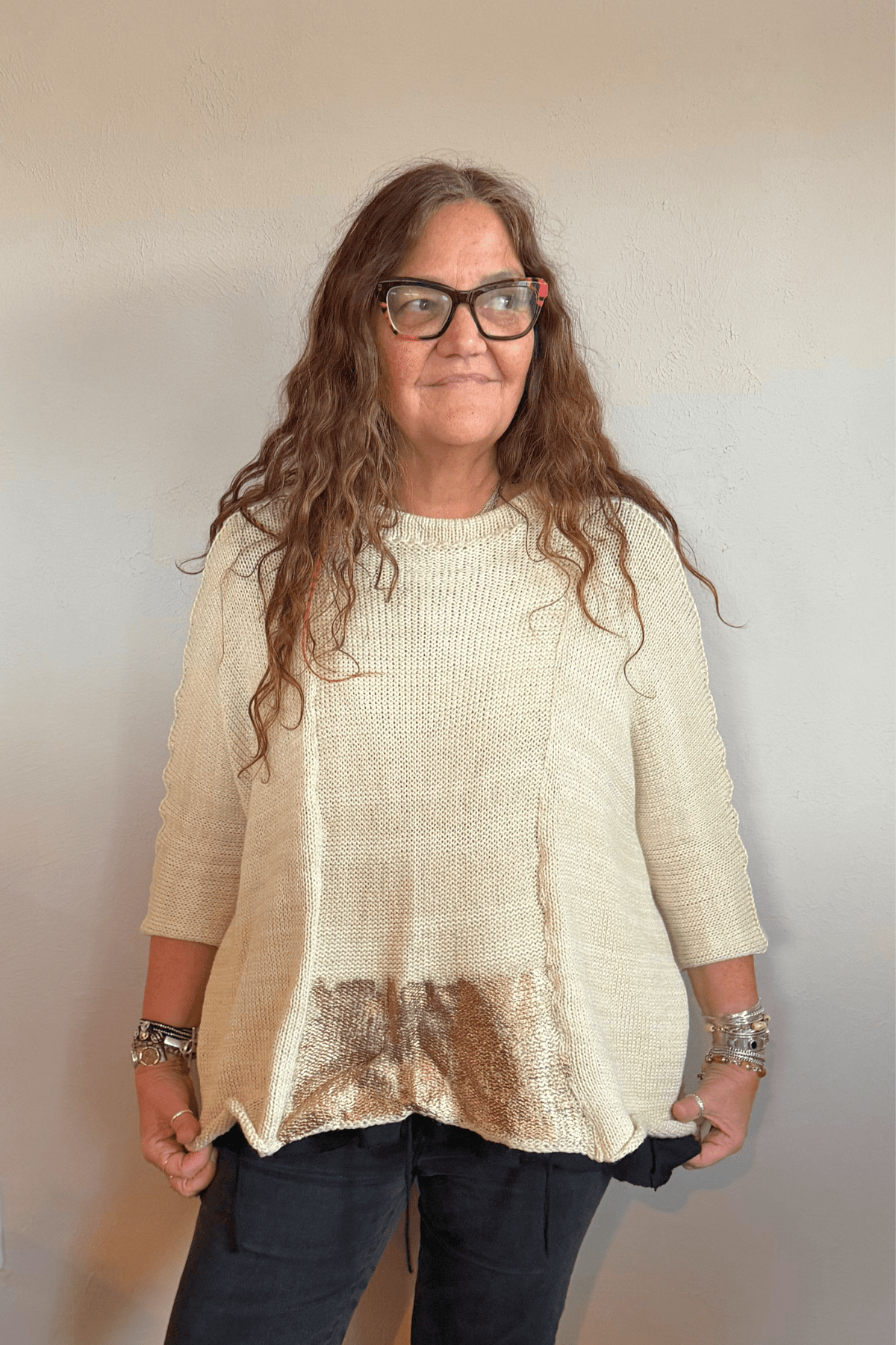 Paper Temples Barlow Pullover Oversize Sweater in cream with hand-painted gold tones, front and back views