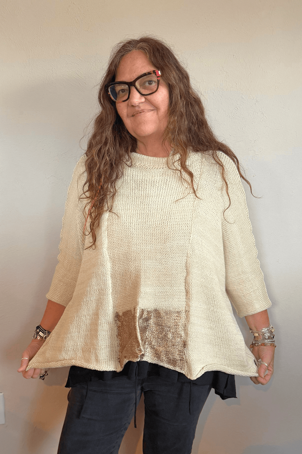 Paper Temples Barlow Pullover Oversize Sweater in cream with hand-painted gold tones, front and back views