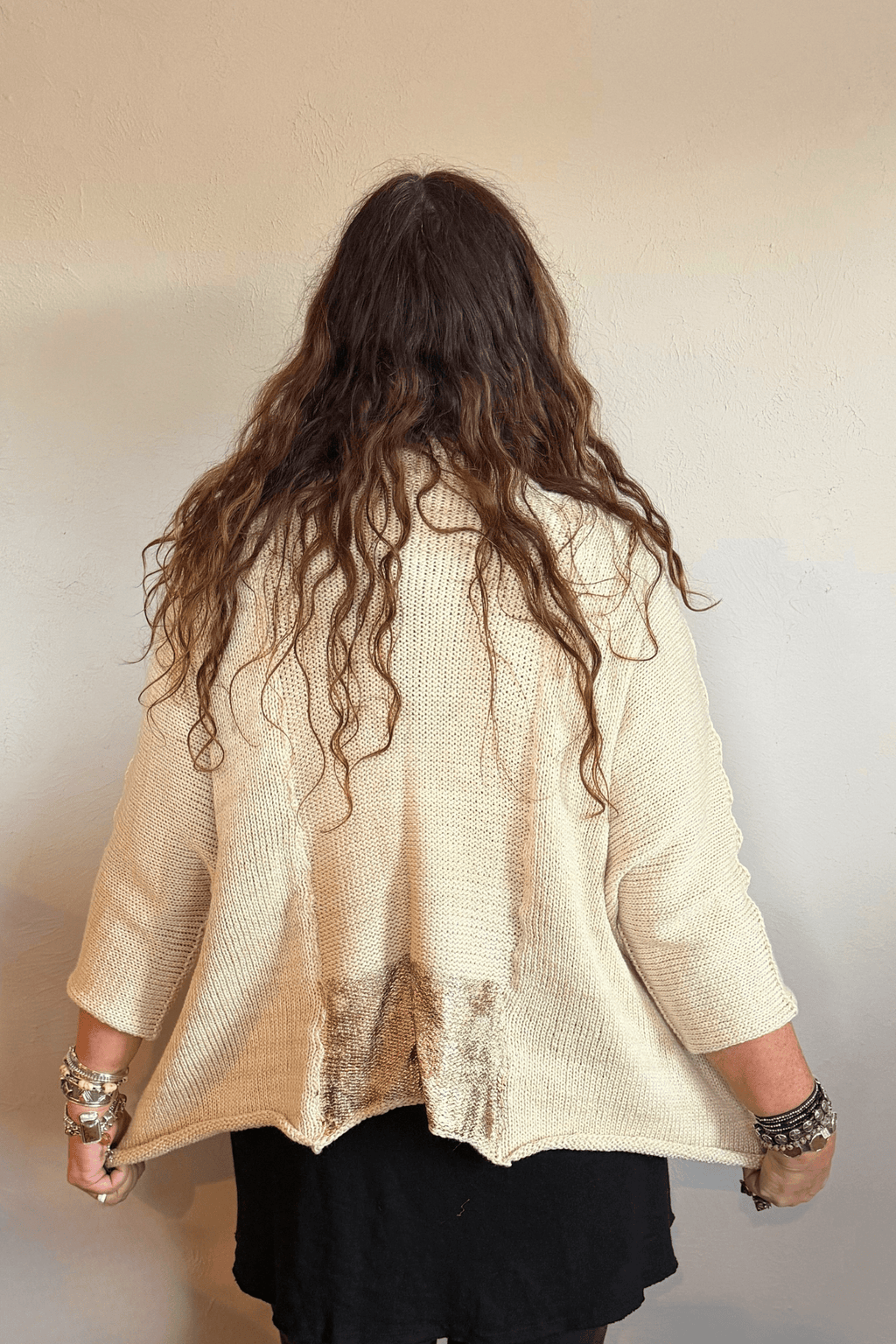 Paper Temples Barlow Pullover Oversize Sweater in cream with hand-painted gold tones, front and back views