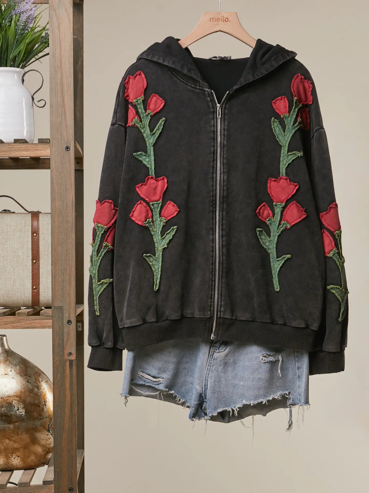 Floral Embroidered Zip Hoodie