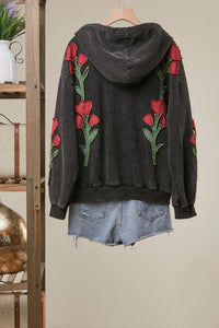 Floral Embroidered Zip Hoodie