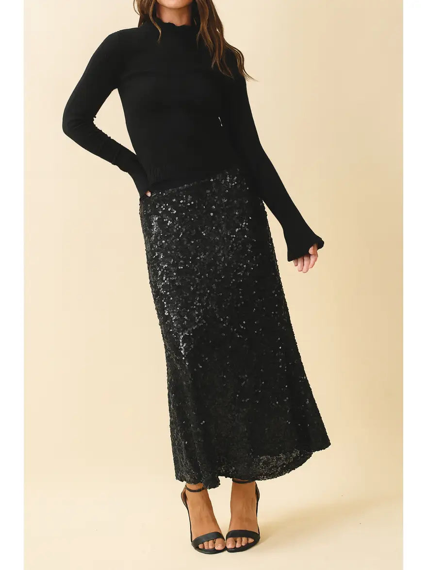 AEMI & Company high-waist sequin maxi skirt in Black and Ivory, front and alternate views