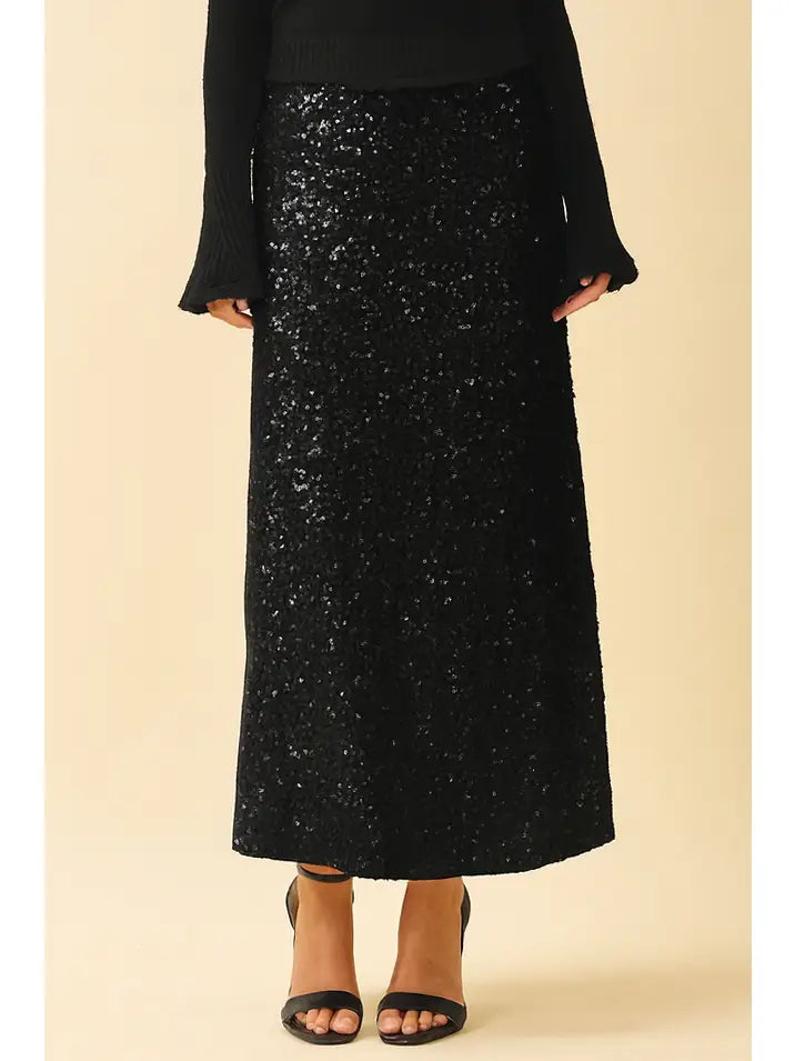 AEMI & Company high-waist sequin maxi skirt in Black and Ivory, front and alternate views