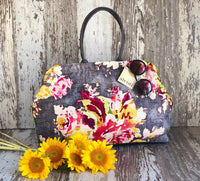 Atenti Blossom Grey Pioneer handbag with oversized floral print, dark double handles, and green side piping