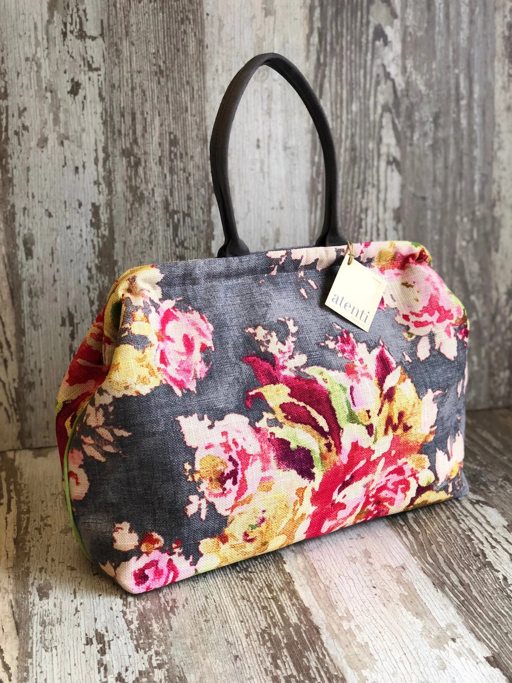 Atenti Blossom Grey Pioneer handbag with oversized floral print, dark double handles, and green side piping