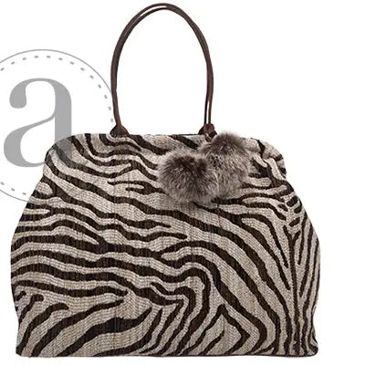 Atenti Born Free Chocolate Pioneer handbag with zebra-inspired woven pattern, dark brown double handles, and dimensional floral embellishment