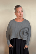 Paper Temples Ramona Bullseye Pullover Sweater in grey with sculptural pinstripe spiral appliqué, front and back views