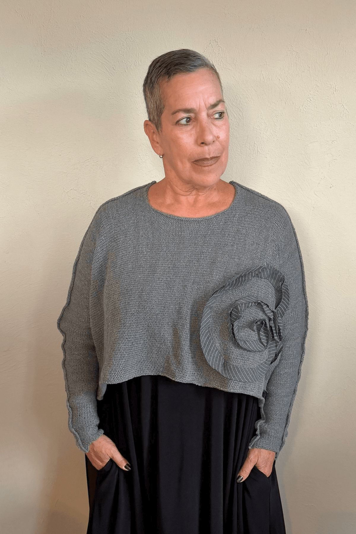 Paper Temples Ramona Bullseye Pullover Sweater in grey with sculptural pinstripe spiral appliqué, front and back views
