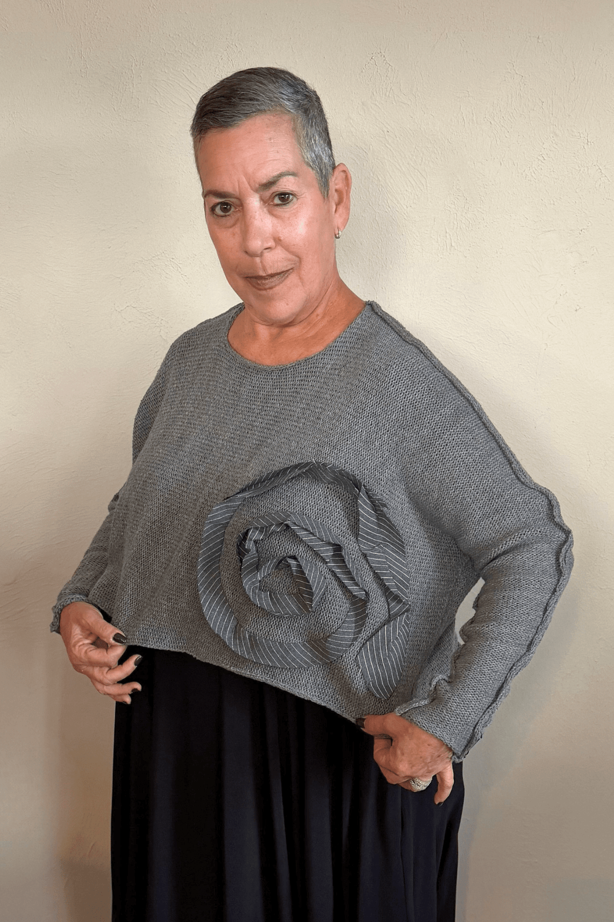 Paper Temples Ramona Bullseye Pullover Sweater in grey with sculptural pinstripe spiral appliqué, front and back views