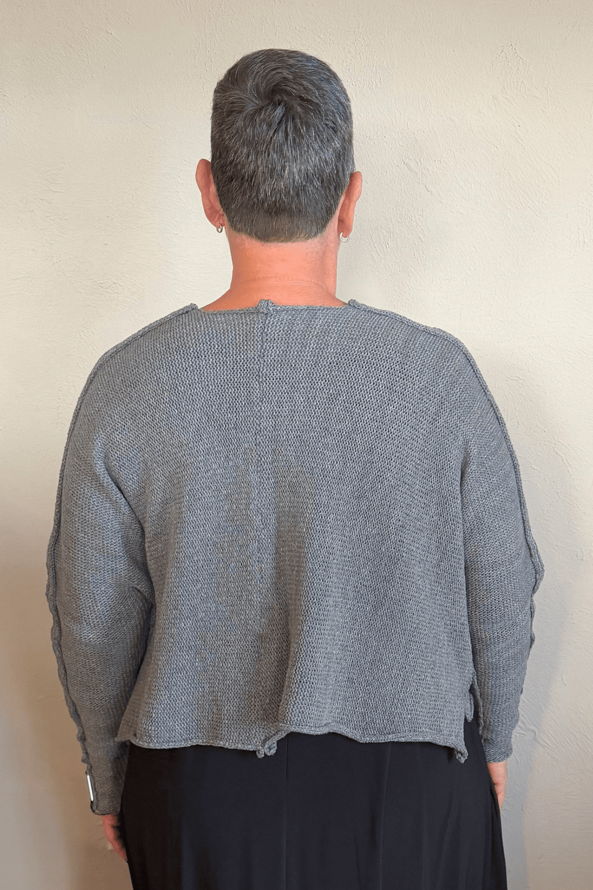 Paper Temples Ramona Bullseye Pullover Sweater in grey with sculptural pinstripe spiral appliqué, front and back views
