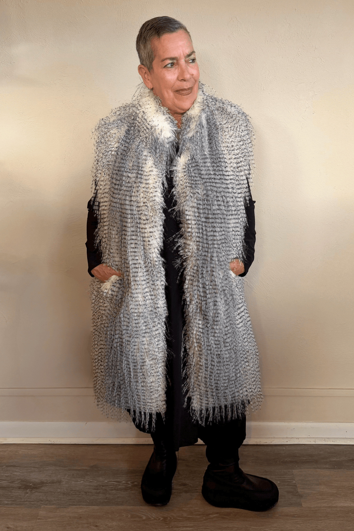 Spanner Eyelash Long Vest in Black, Grey and Ivory, front, lining and back views