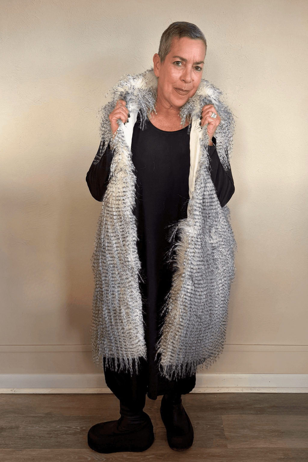 Spanner Eyelash Long Vest in Black, Grey and Ivory, front, lining and back views