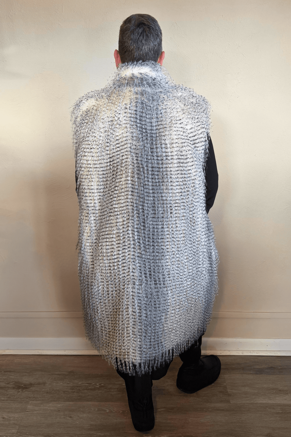 Spanner Eyelash Long Vest in Black, Grey and Ivory, front, lining and back views