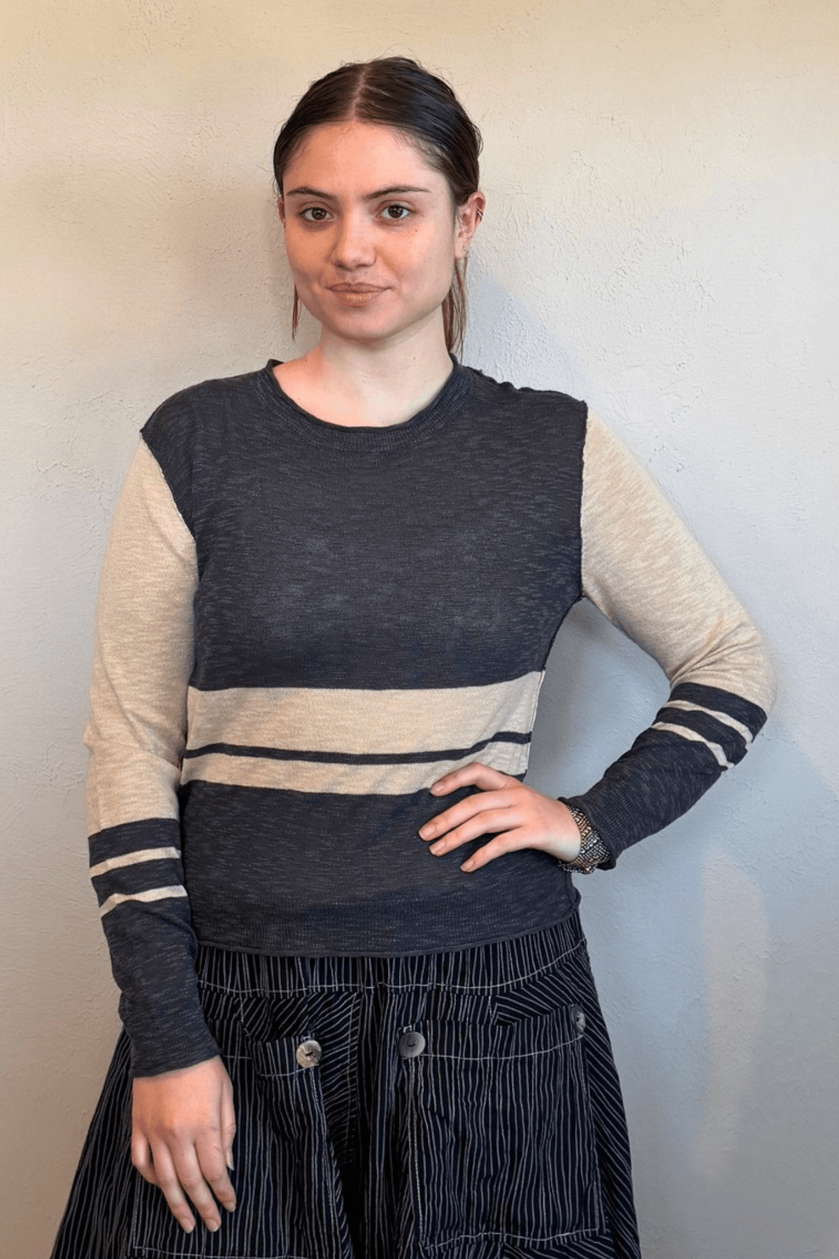 Stitch Drop Fin N Tonic Sweater in charcoal and cream, front side and back views