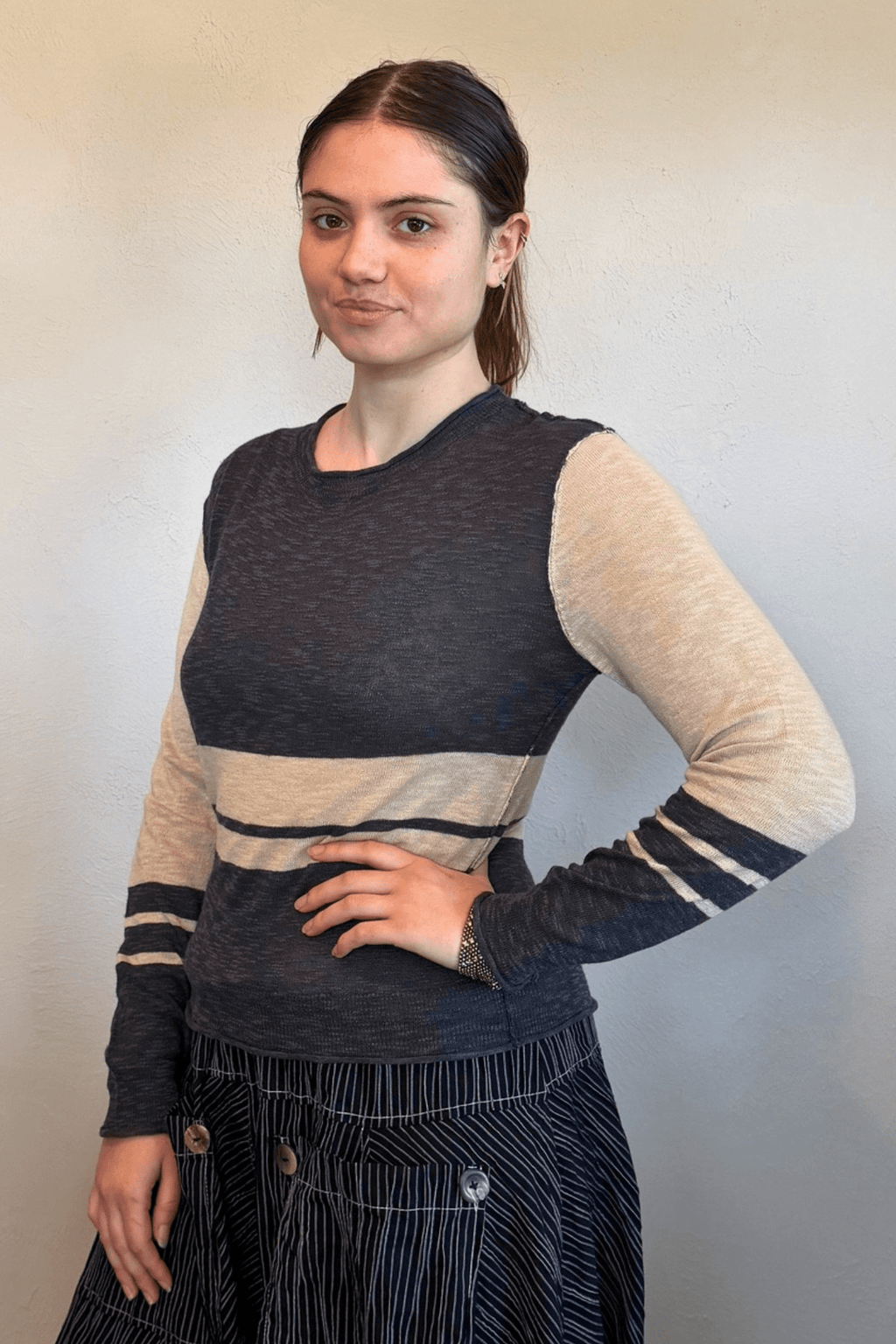 Stitch Drop Fin N Tonic Sweater in charcoal and cream, front side and back views