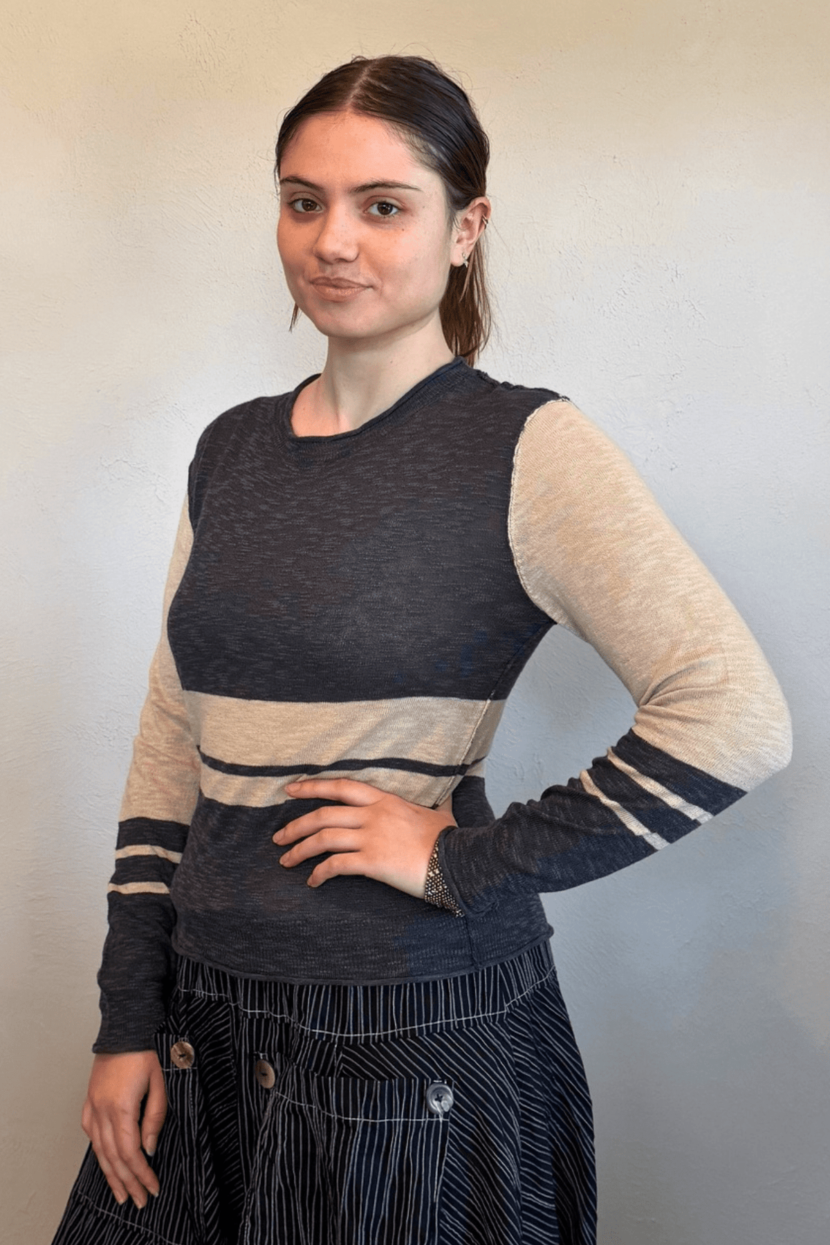 Stitch Drop Fin N Tonic Sweater in charcoal and cream, front side and back views