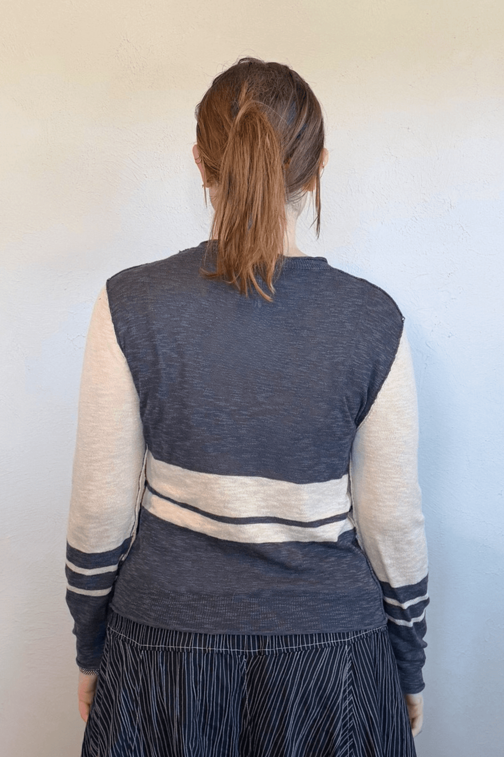 Stitch Drop Fin N Tonic Sweater in charcoal and cream, front side and back views