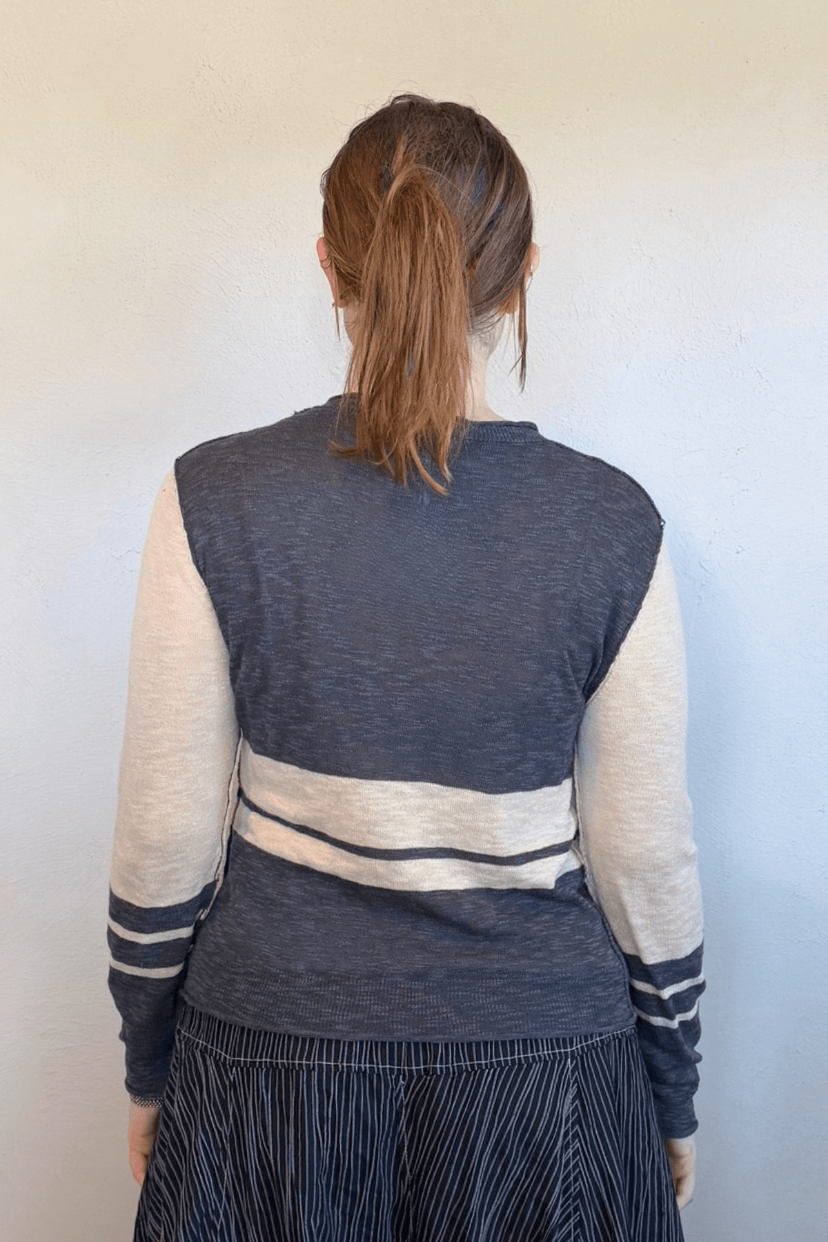 Stitch Drop Fin N Tonic Sweater in charcoal and cream, front side and back views