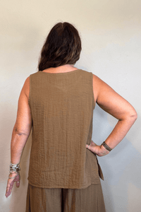 Gertie's 1050 Gail's Tank in Winter Olive, featuring a sleeveless relaxed A-line silhouette, round neckline, crinkled texture and deep side slits.
