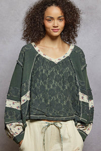 Long Sleeve Gauze & Lace Woven Top