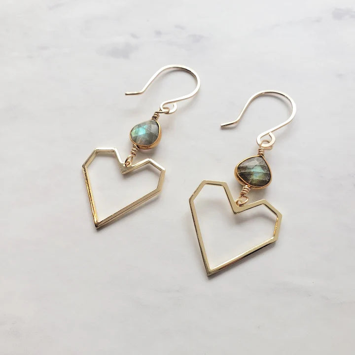 Geometric Heart Earrings with Labradorite