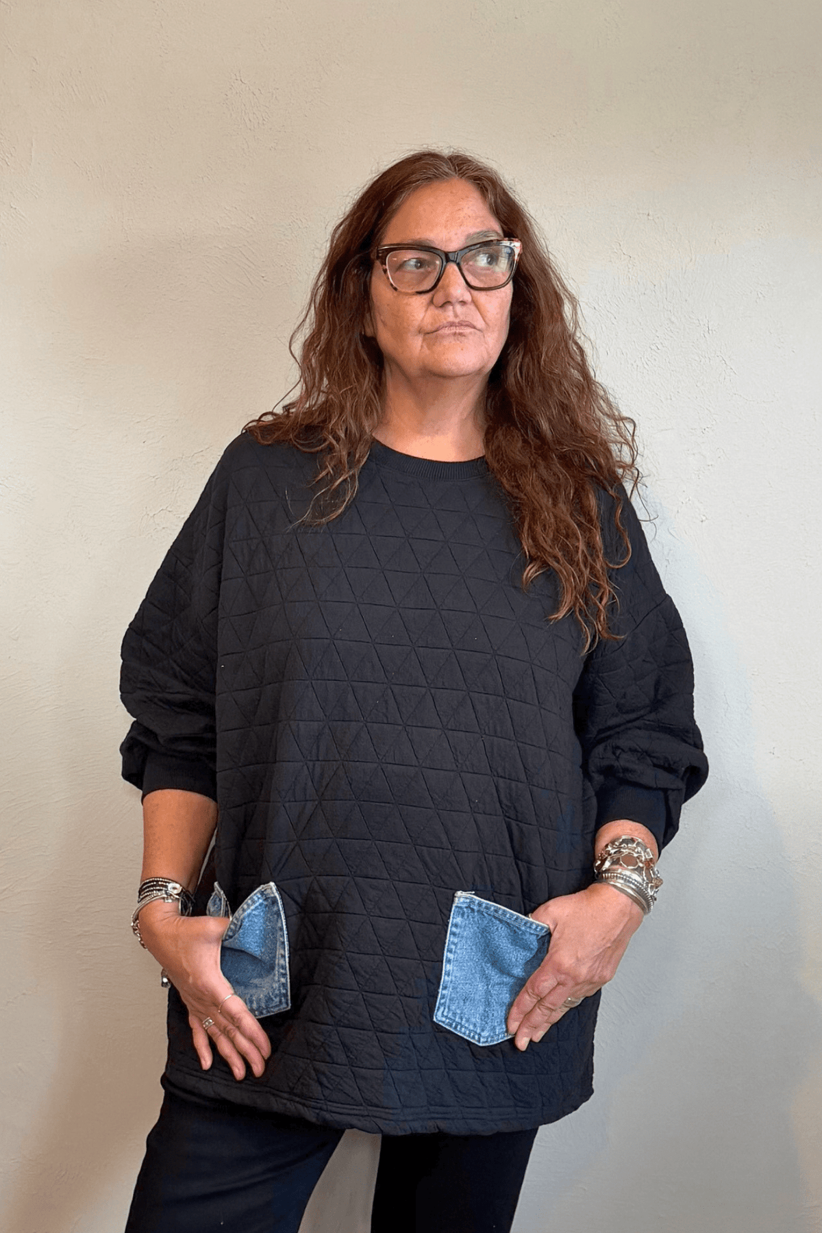 Shannon Passero 5949 Glenna quilted pullover with upcycled denim pocket details