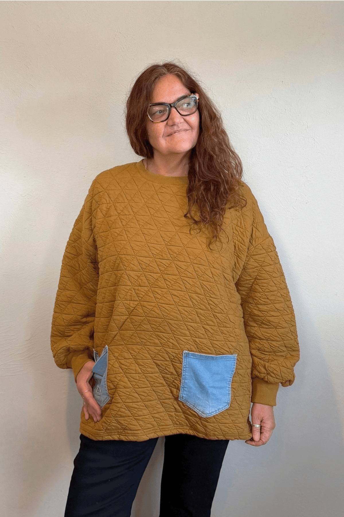 Shannon Passero 5949 Glenna quilted pullover with upcycled denim pocket details
